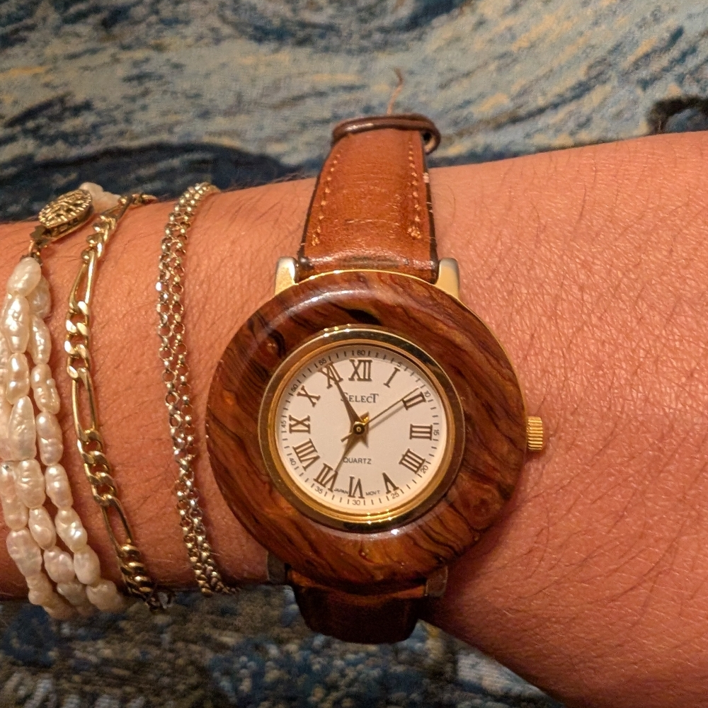 Select Wood Grain Watch with Brown Leather Strap